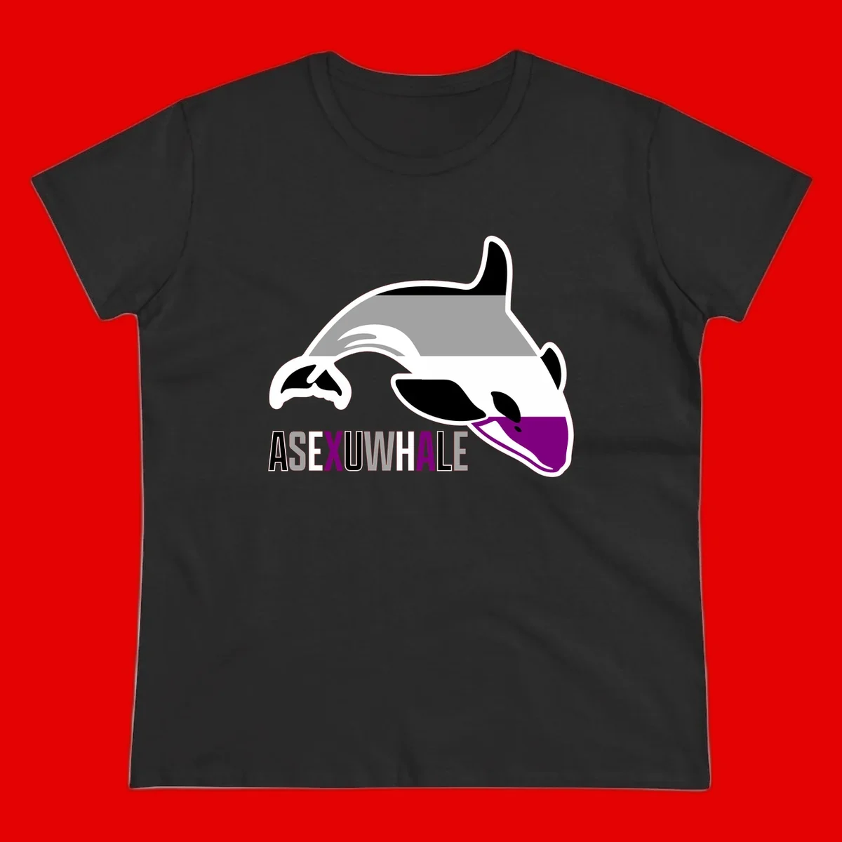 Stylized orca whale with purple accent and water splash, text reads 'ASEXUAL WHALE' in bold letters