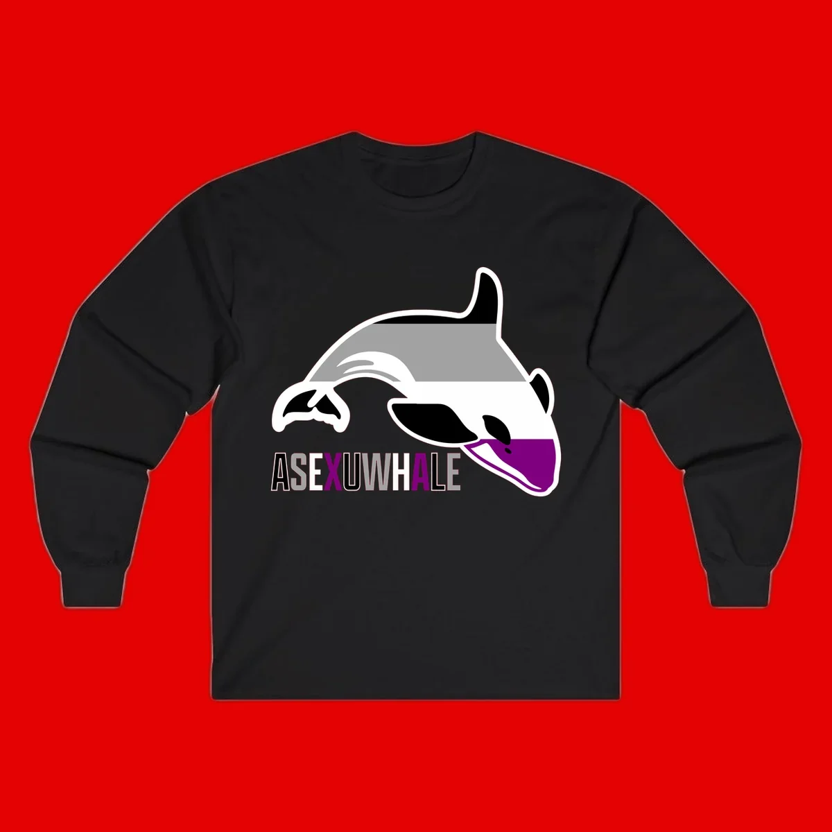 Stylized orca whale with purple accent and water splash, text reads 'ASEXUAL WHALE' in bold letters