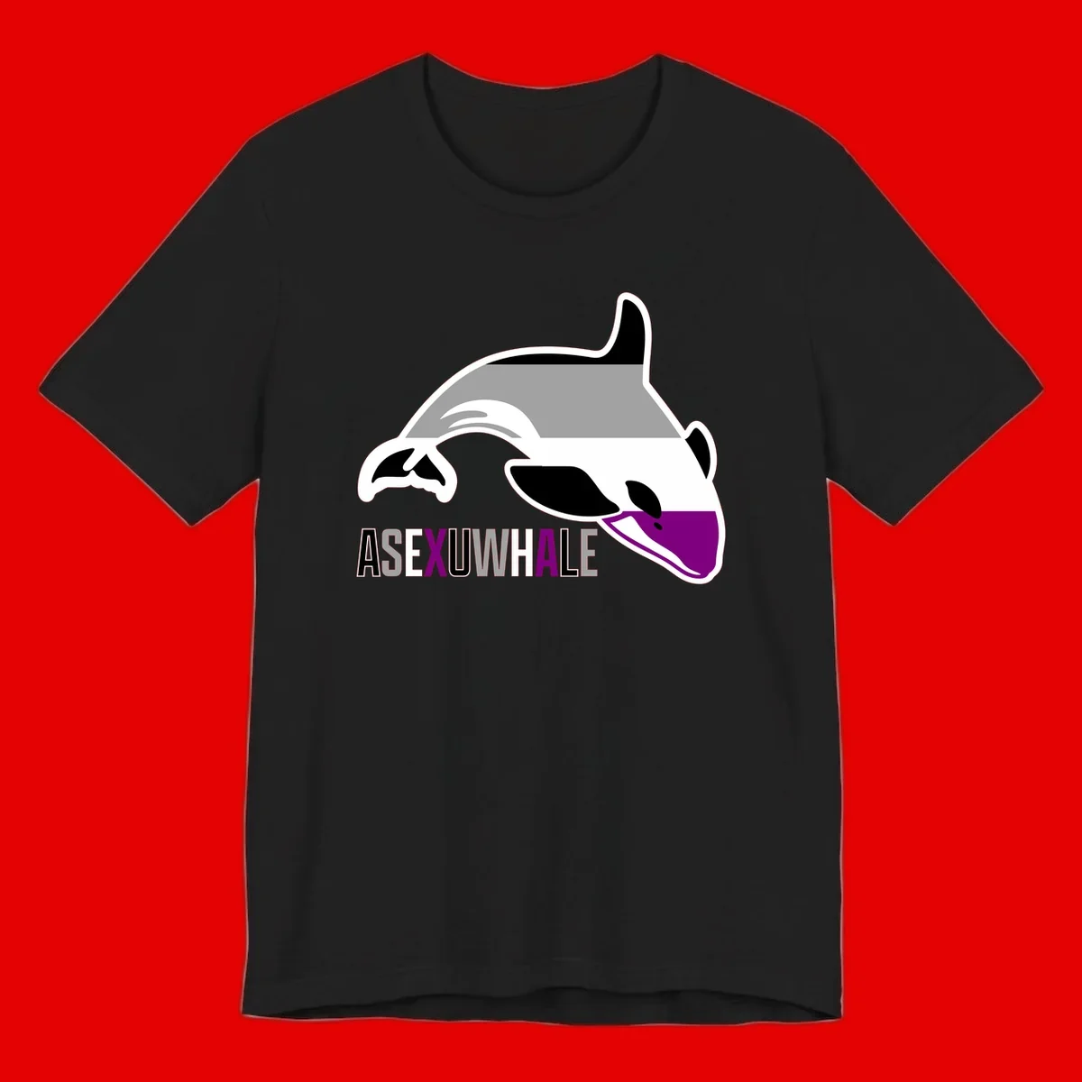 Stylized orca whale with purple accent and water splash, text reads 'ASEXUAL WHALE' in bold letters
