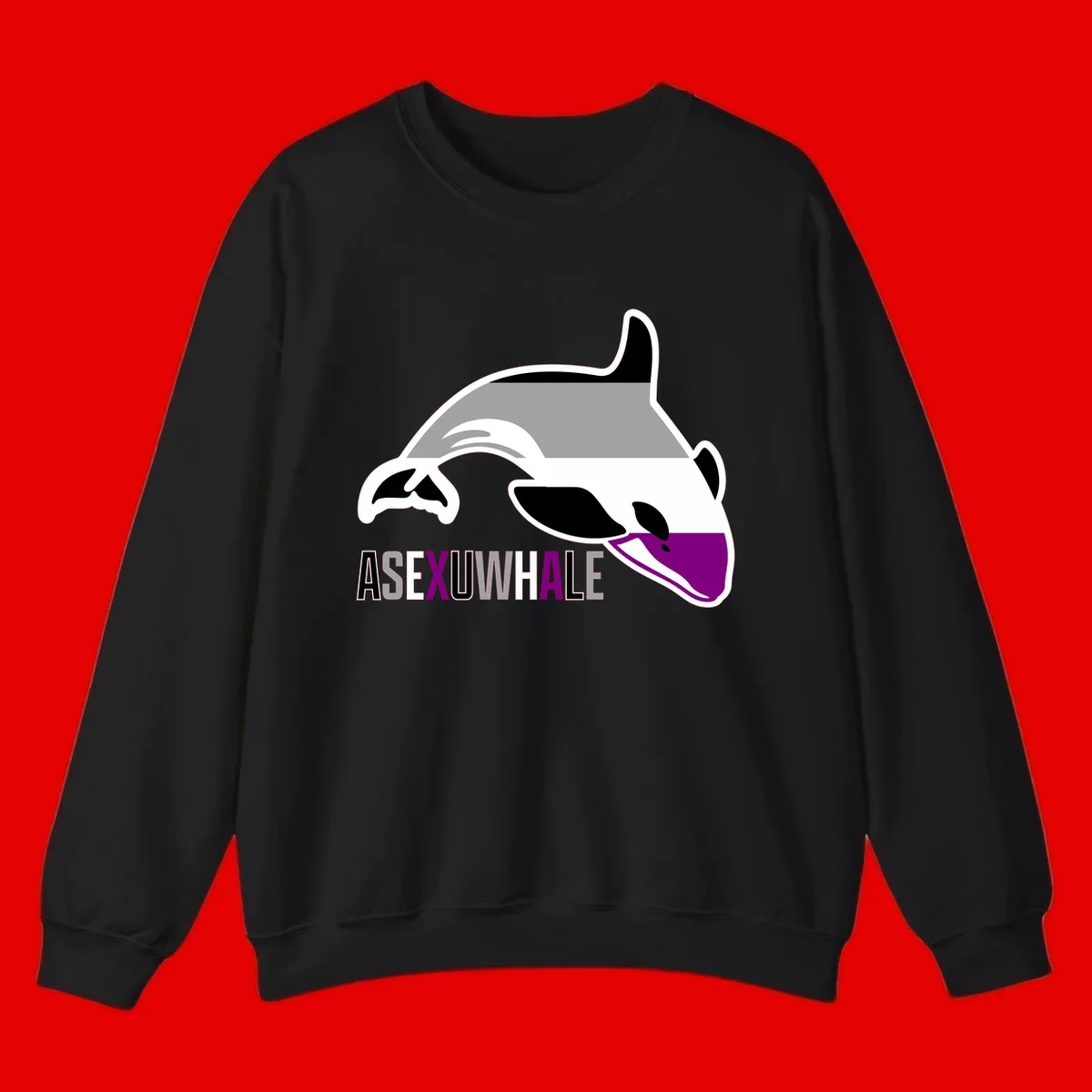 Stylized orca whale with purple accent and water splash, text reads 'ASEXUAL WHALE' in bold letters