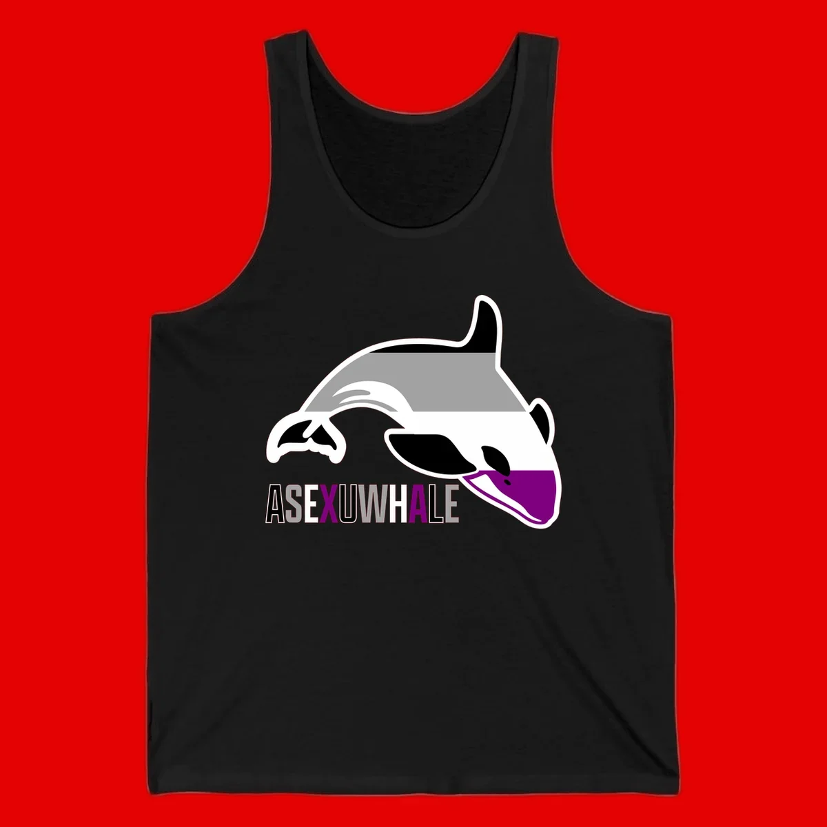 Stylized orca whale with purple accent and water splash, text reads 'ASEXUAL WHALE' in bold letters