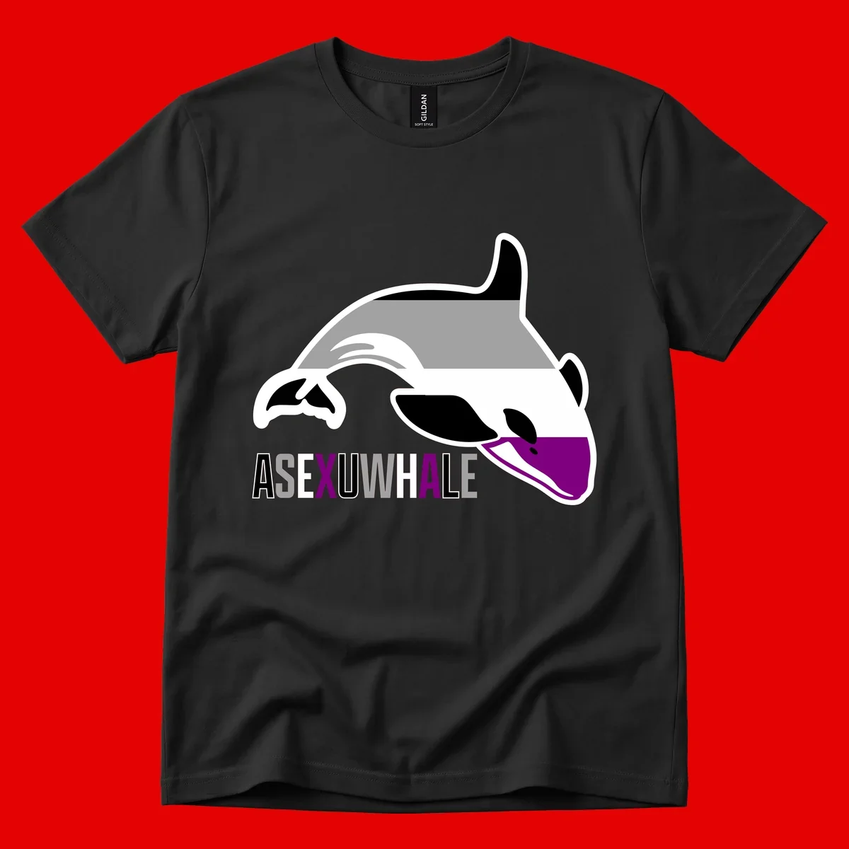 Stylized orca whale with purple accent and water splash, text reads 'ASEXUAL WHALE' in bold letters