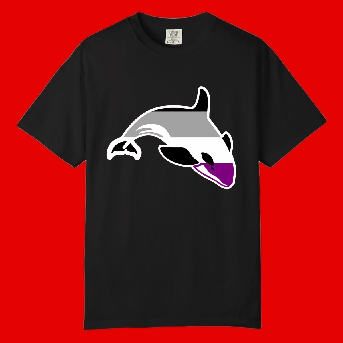 Minimalist line-art illustration of an orca whale in profile with white outlines, black markings, and a purple accent on the lower jaw