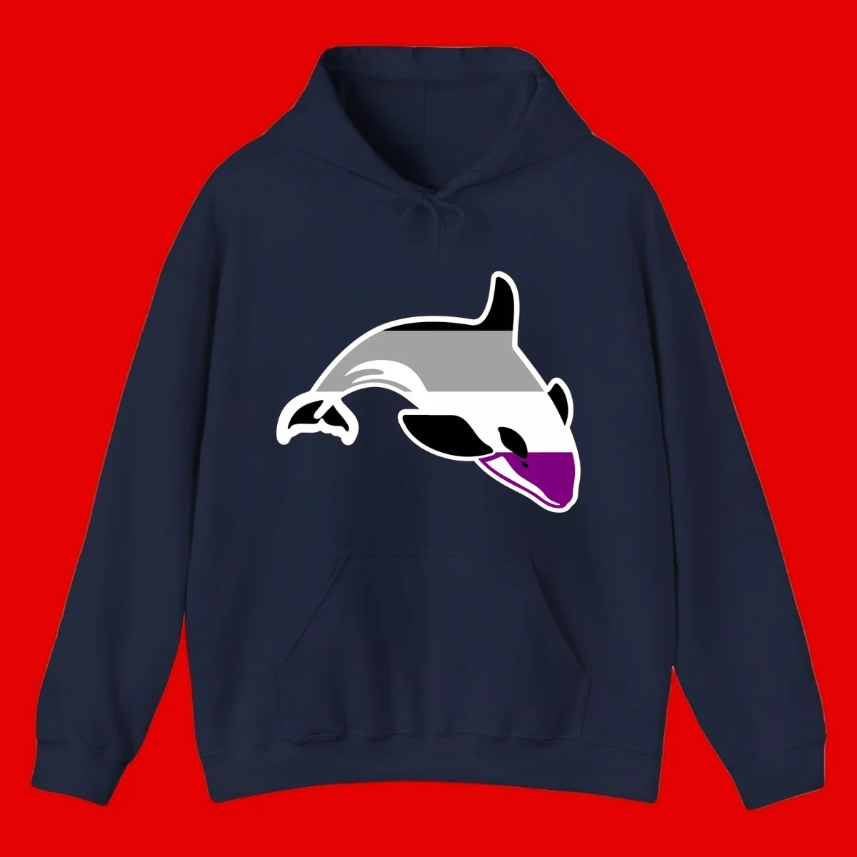 Minimalist line-art illustration of an orca whale in profile with white outlines, black markings, and a purple accent on the lower jaw