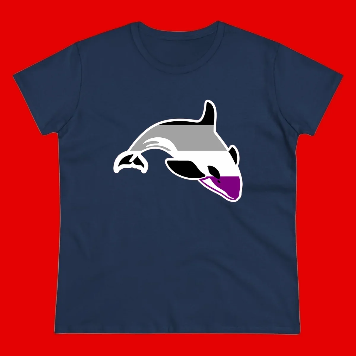 Minimalist line-art illustration of an orca whale in profile with white outlines, black markings, and a purple accent on the lower jaw