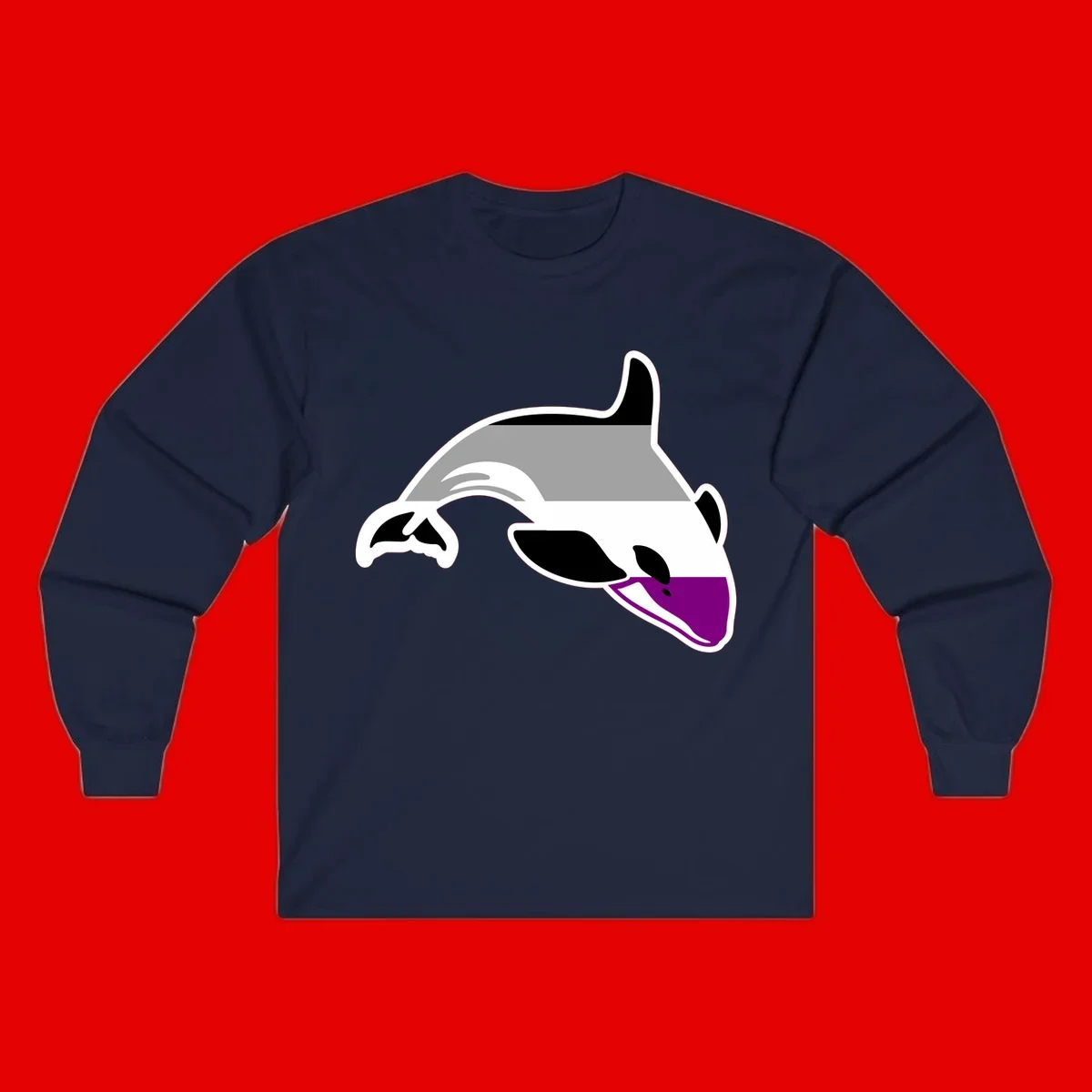 Minimalist line-art illustration of an orca whale in profile with white outlines, black markings, and a purple accent on the lower jaw