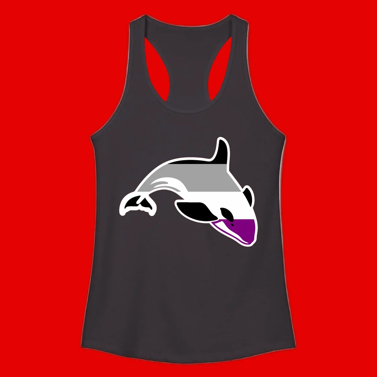Minimalist line-art illustration of an orca whale in profile with white outlines, black markings, and a purple accent on the lower jaw