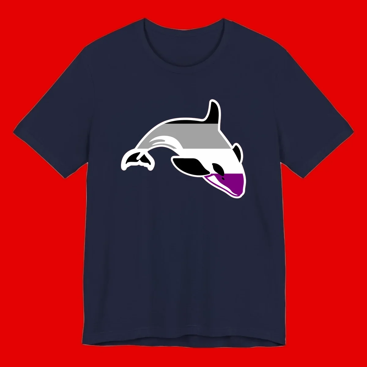 Minimalist line-art illustration of an orca whale in profile with white outlines, black markings, and a purple accent on the lower jaw