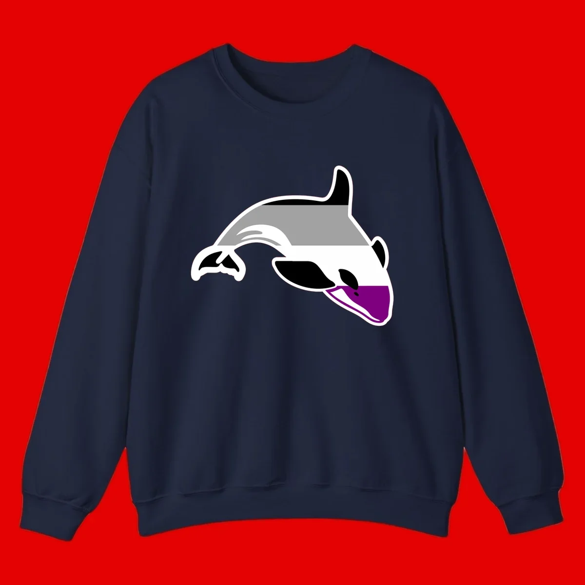 Minimalist line-art illustration of an orca whale in profile with white outlines, black markings, and a purple accent on the lower jaw