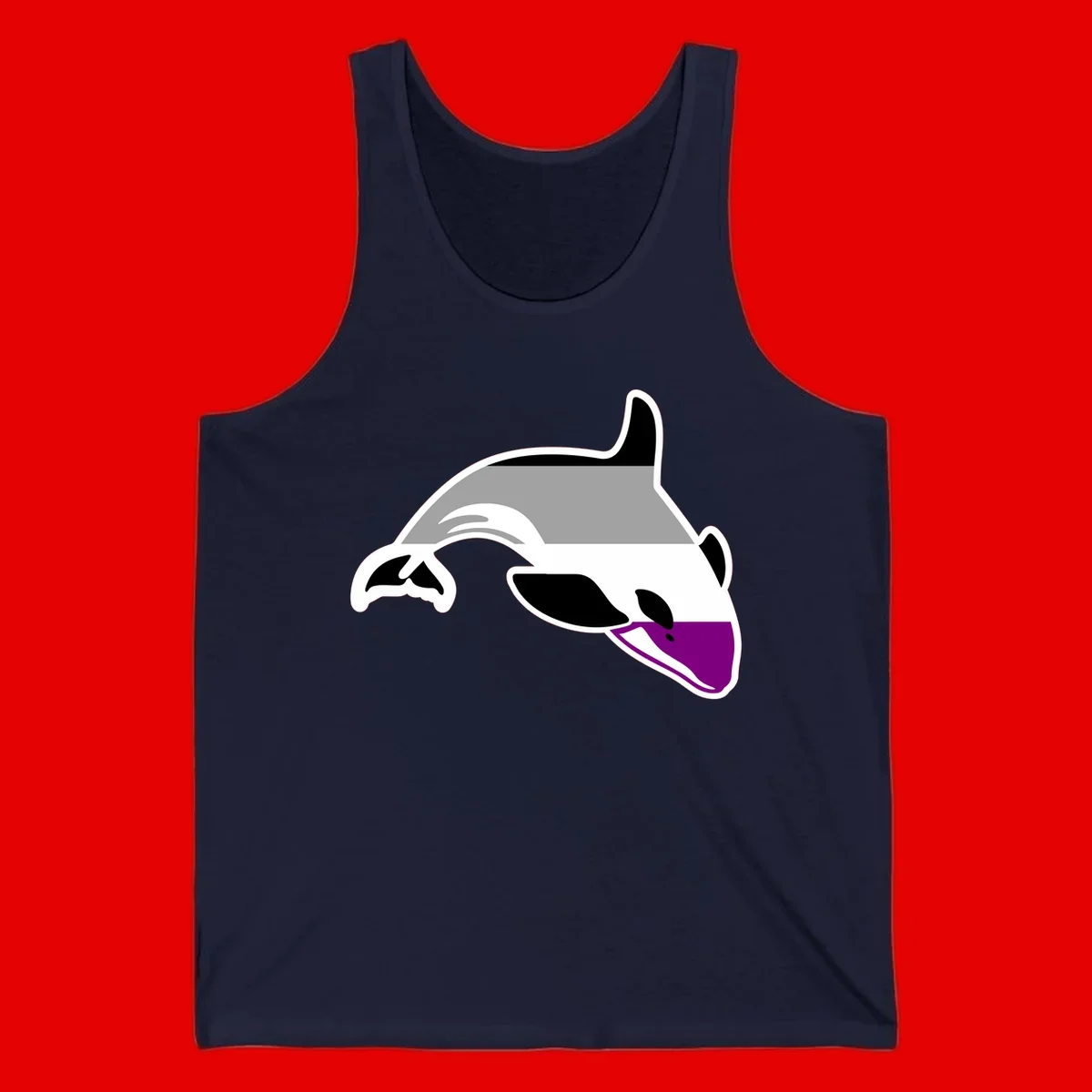 Minimalist line-art illustration of an orca whale in profile with white outlines, black markings, and a purple accent on the lower jaw