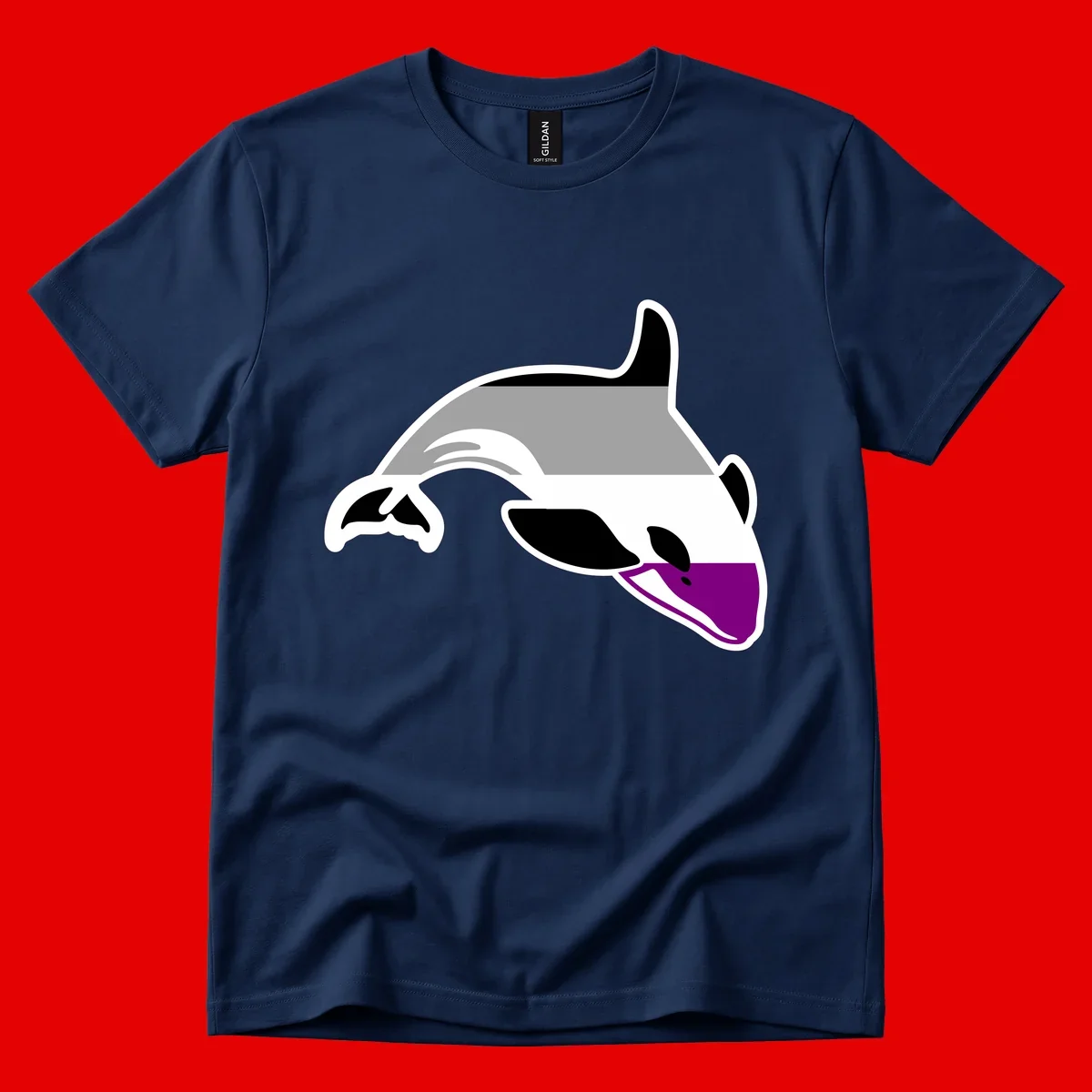 Minimalist line-art illustration of an orca whale in profile with white outlines, black markings, and a purple accent on the lower jaw
