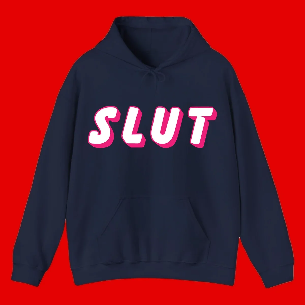 Bold magenta 3D block letters spelling 'SLUT' on gray background, slut-pride-statement design