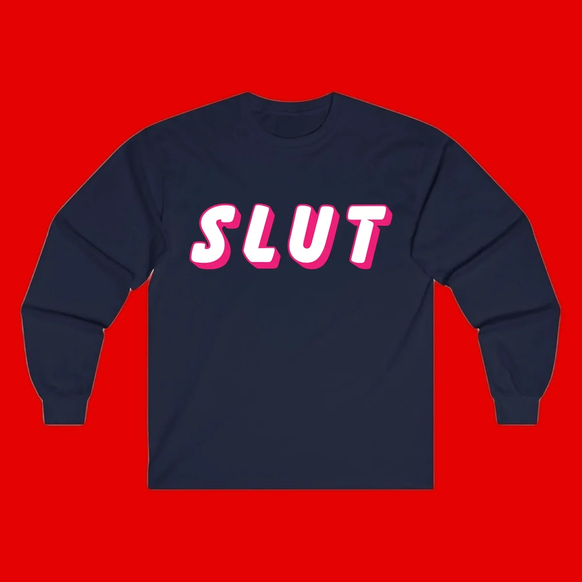 Bold magenta 3D block letters spelling 'SLUT' on gray background, slut-pride-statement design