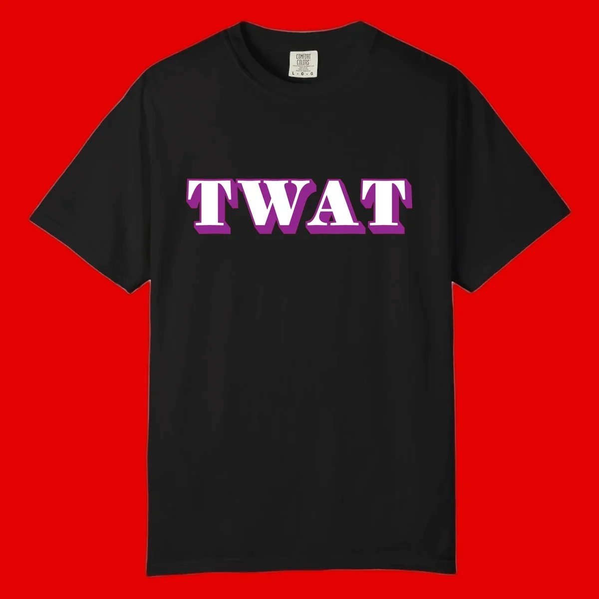 Bold purple TWAT typography design with geometric lettering and white fill on gray background