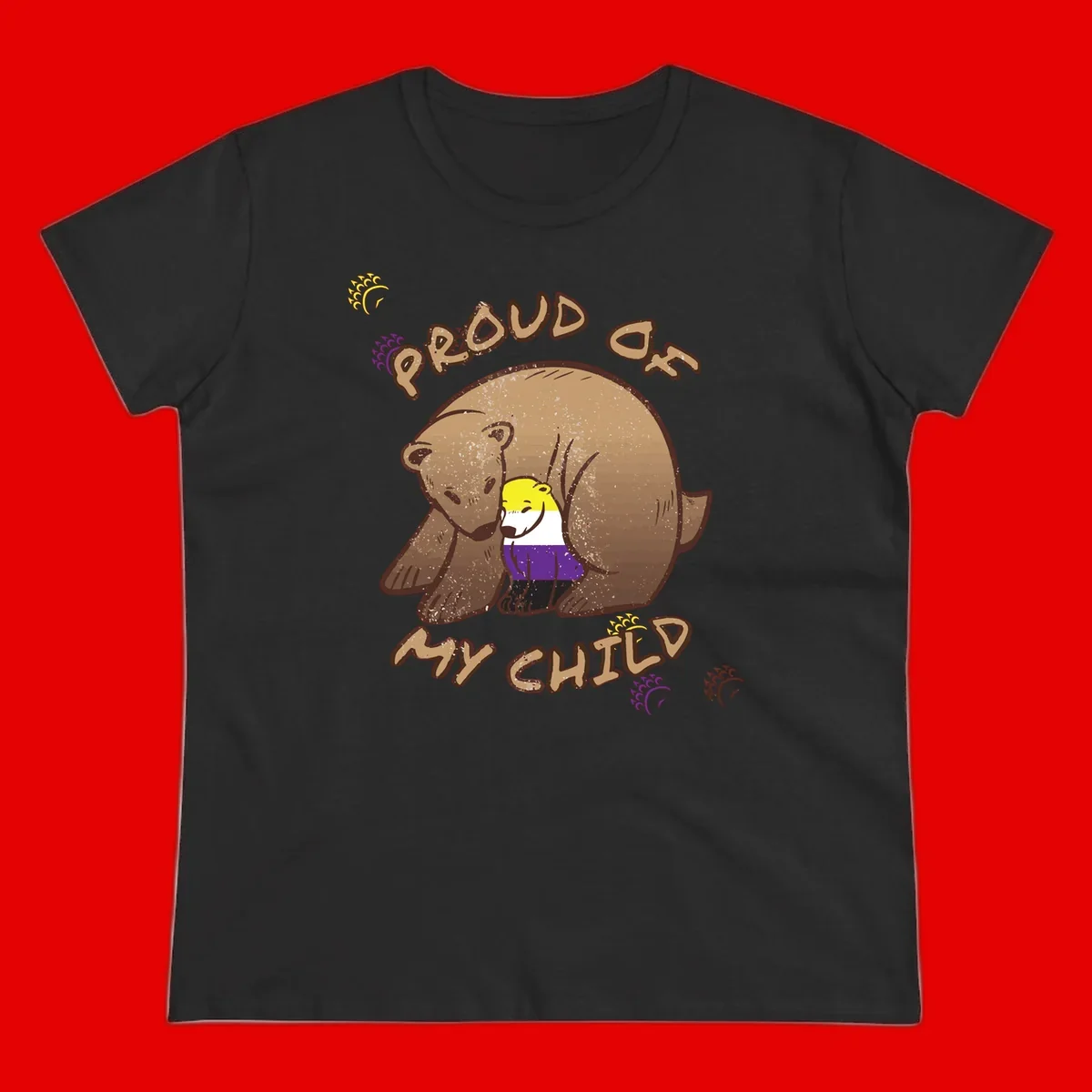 Illustration of a large brown bear's head in profile containing a small figure wearing pride flag colors, with text reading 'Proud As Child'