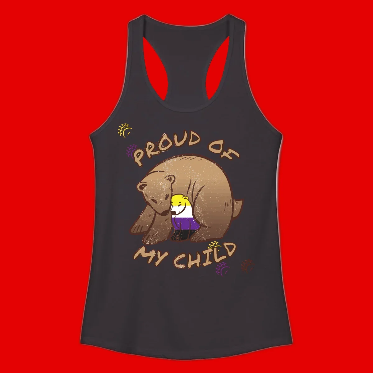 Illustration of a large brown bear's head in profile containing a small figure wearing pride flag colors, with text reading 'Proud As Child'