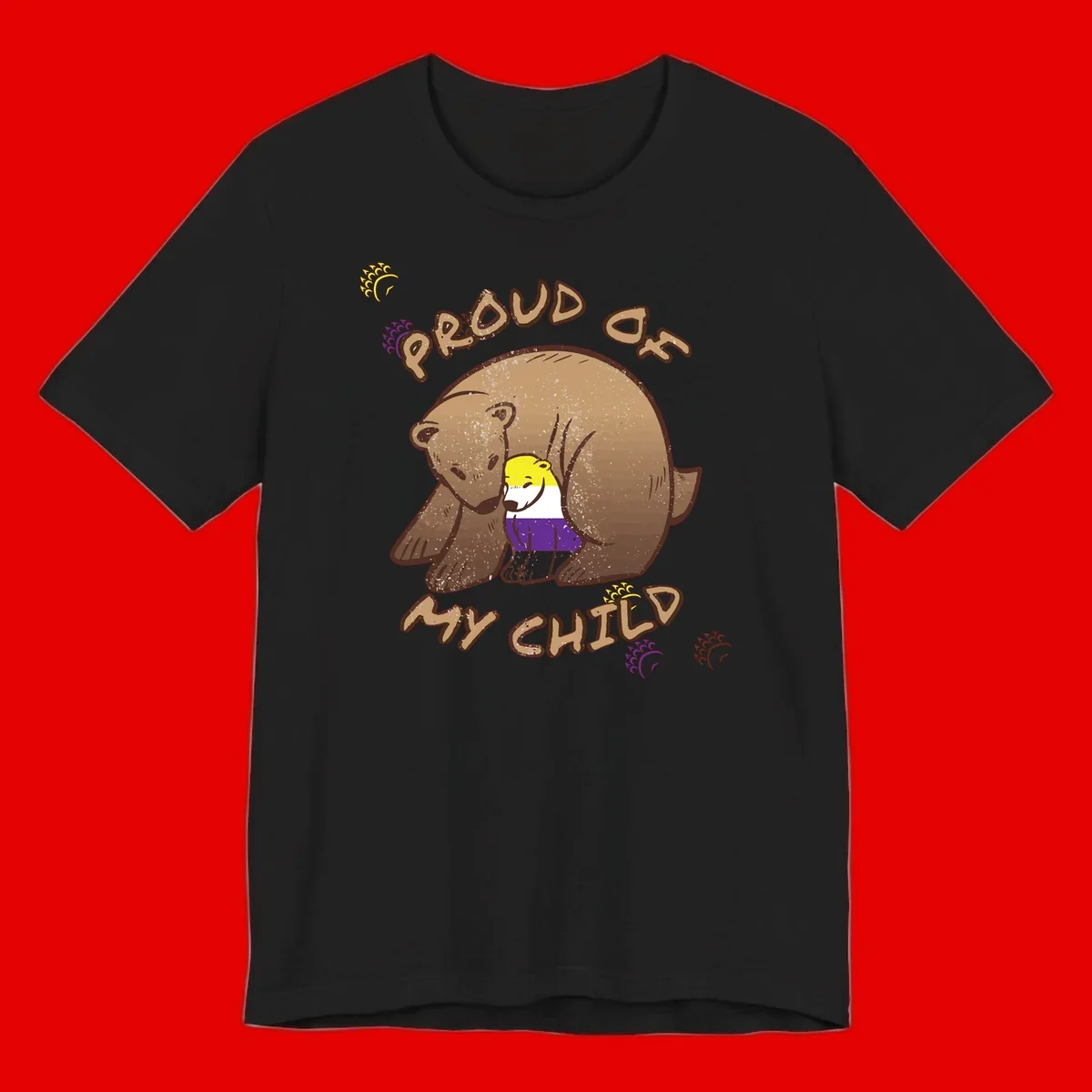 Illustration of a large brown bear's head in profile containing a small figure wearing pride flag colors, with text reading 'Proud As Child'