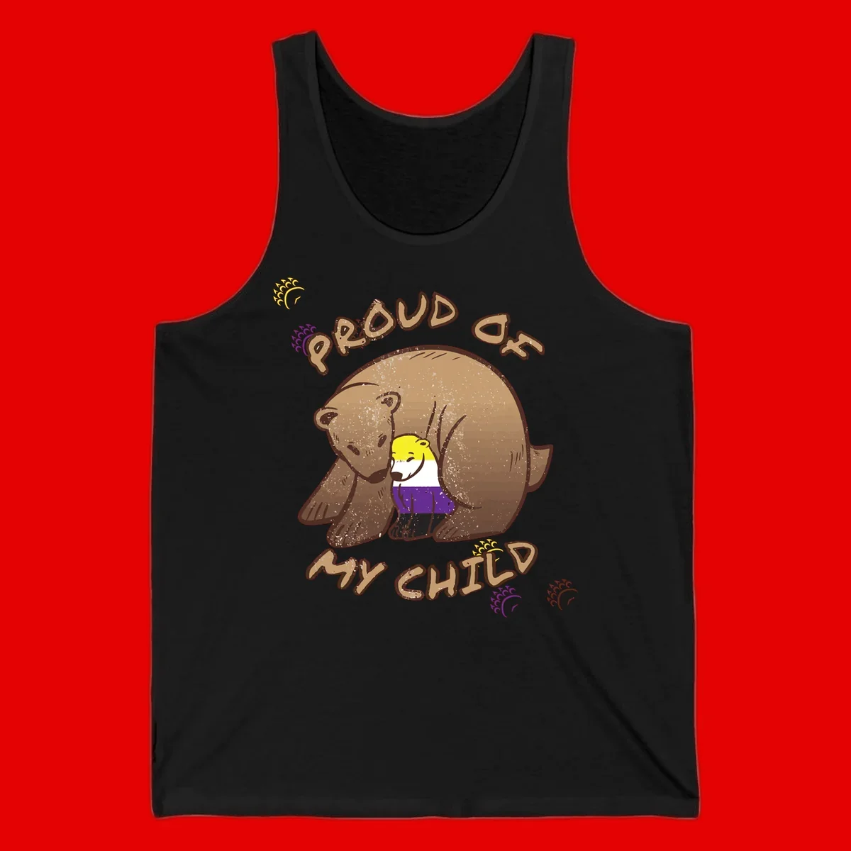 Illustration of a large brown bear's head in profile containing a small figure wearing pride flag colors, with text reading 'Proud As Child'