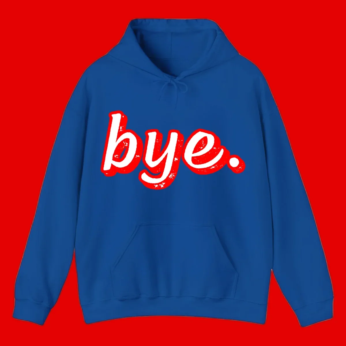 Bold red graffiti-style 'bye.' text with distressed texture and white lettering on gray background