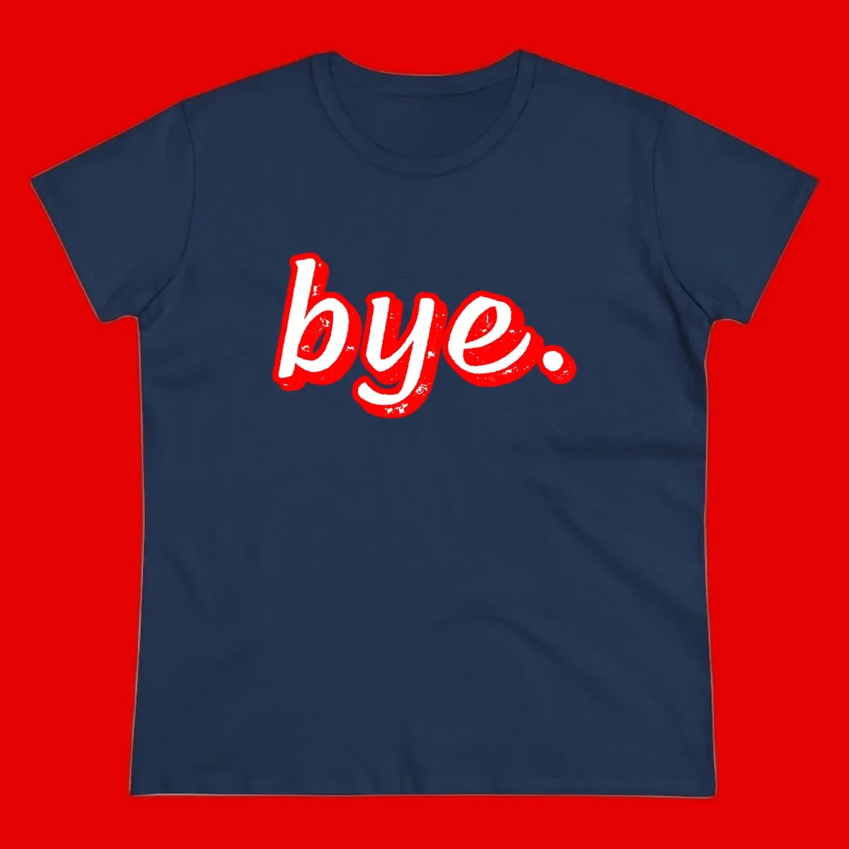 Bold red graffiti-style 'bye.' text with distressed texture and white lettering on gray background