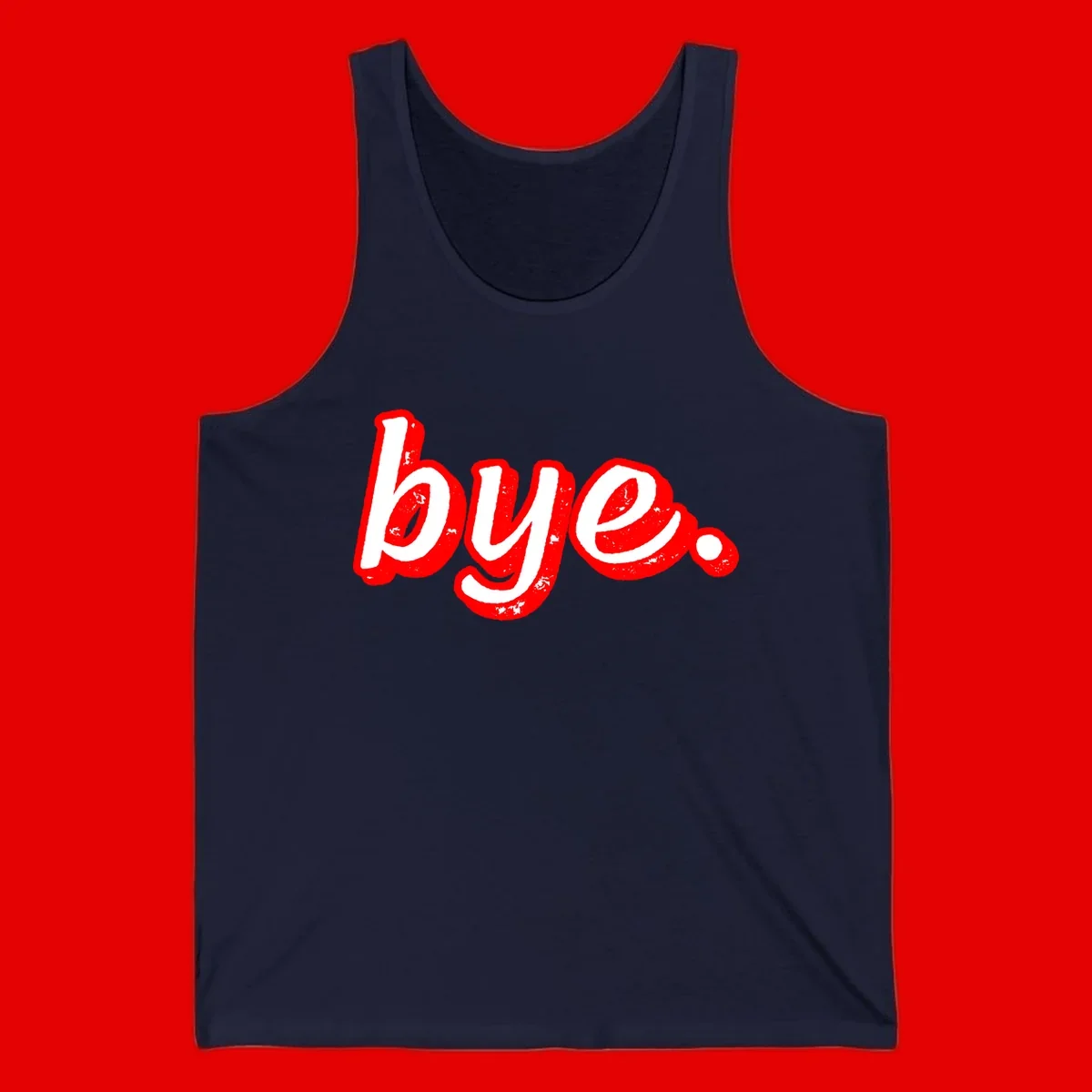 Bold red graffiti-style 'bye.' text with distressed texture and white lettering on gray background