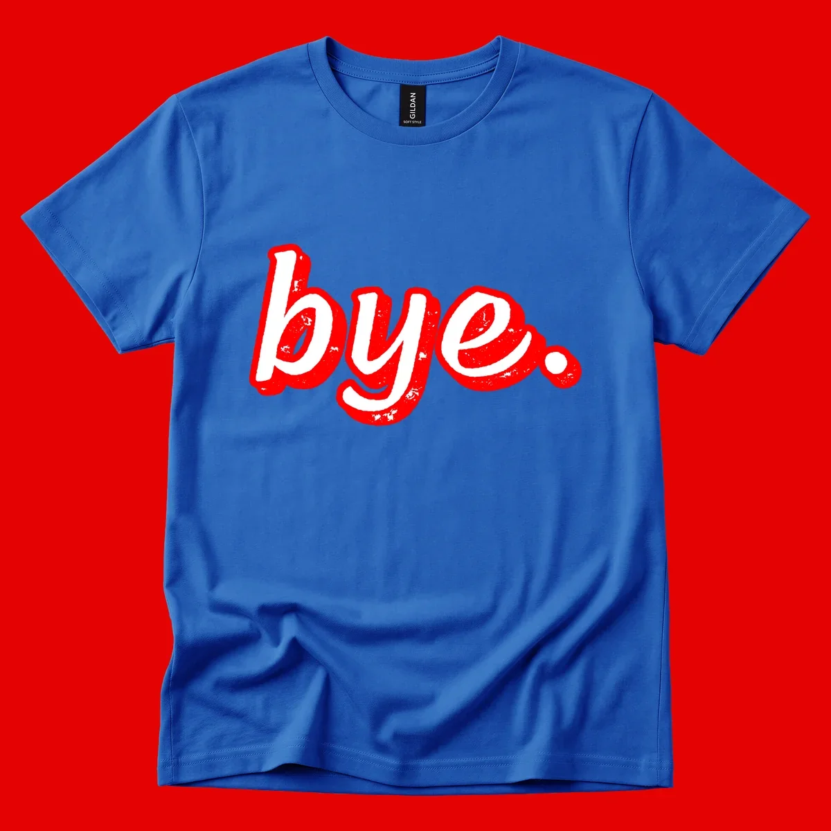 Bold red graffiti-style 'bye.' text with distressed texture and white lettering on gray background