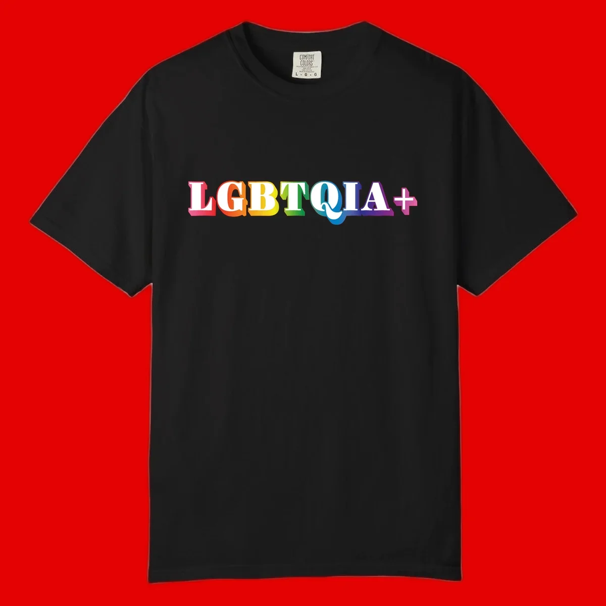 Colorful LGBTQIA+ text with each letter in rainbow colors (pink, red, orange, yellow, green, teal, blue, purple) on gray background