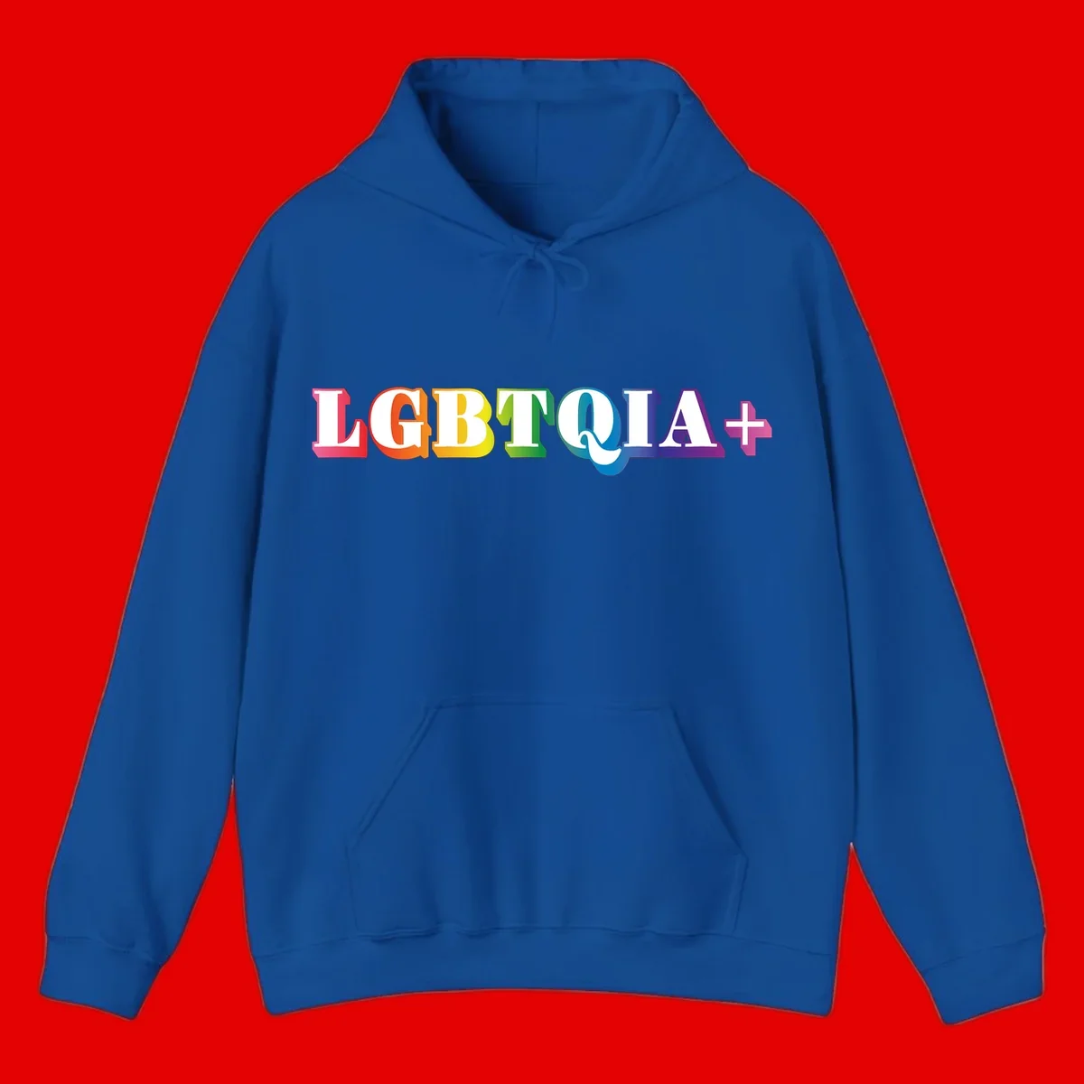 Colorful LGBTQIA+ text with each letter in rainbow colors (pink, red, orange, yellow, green, teal, blue, purple) on gray background
