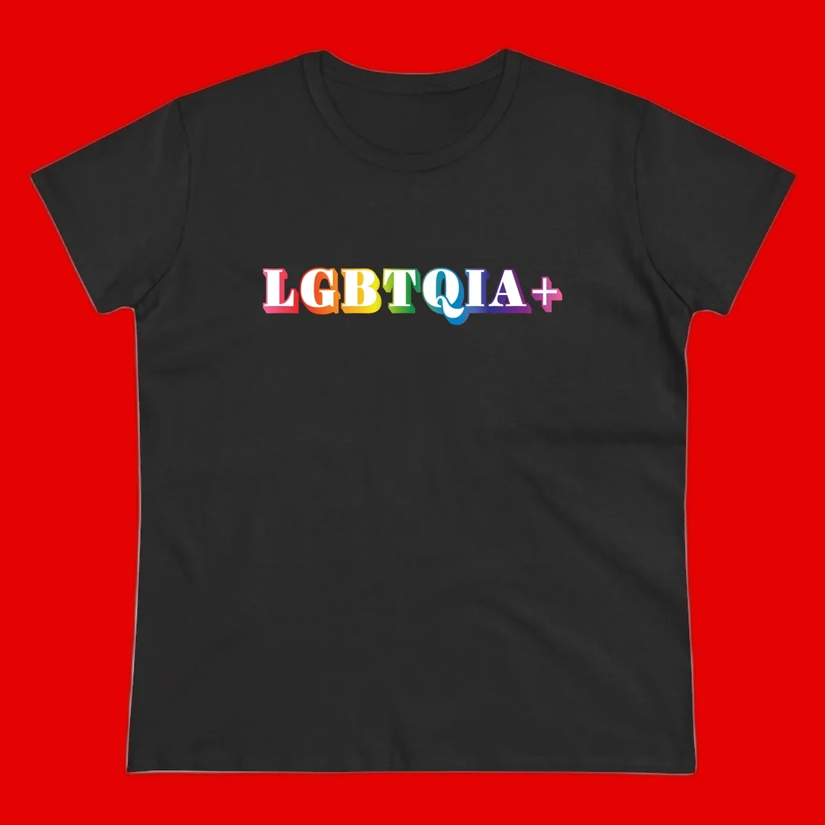 Colorful LGBTQIA+ text with each letter in rainbow colors (pink, red, orange, yellow, green, teal, blue, purple) on gray background