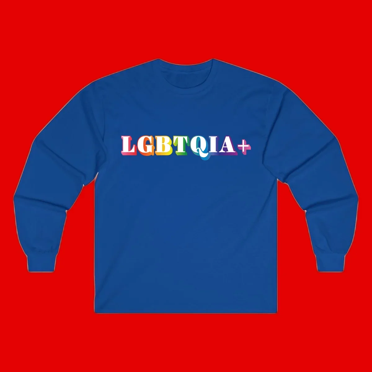 Colorful LGBTQIA+ text with each letter in rainbow colors (pink, red, orange, yellow, green, teal, blue, purple) on gray background