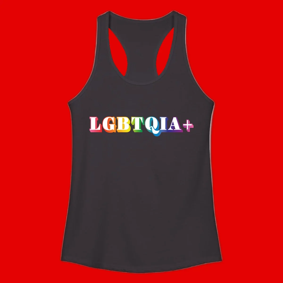 Colorful LGBTQIA+ text with each letter in rainbow colors (pink, red, orange, yellow, green, teal, blue, purple) on gray background