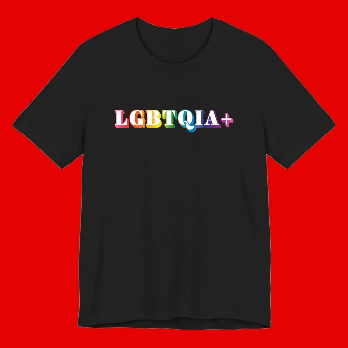 Colorful LGBTQIA+ text with each letter in rainbow colors (pink, red, orange, yellow, green, teal, blue, purple) on gray background