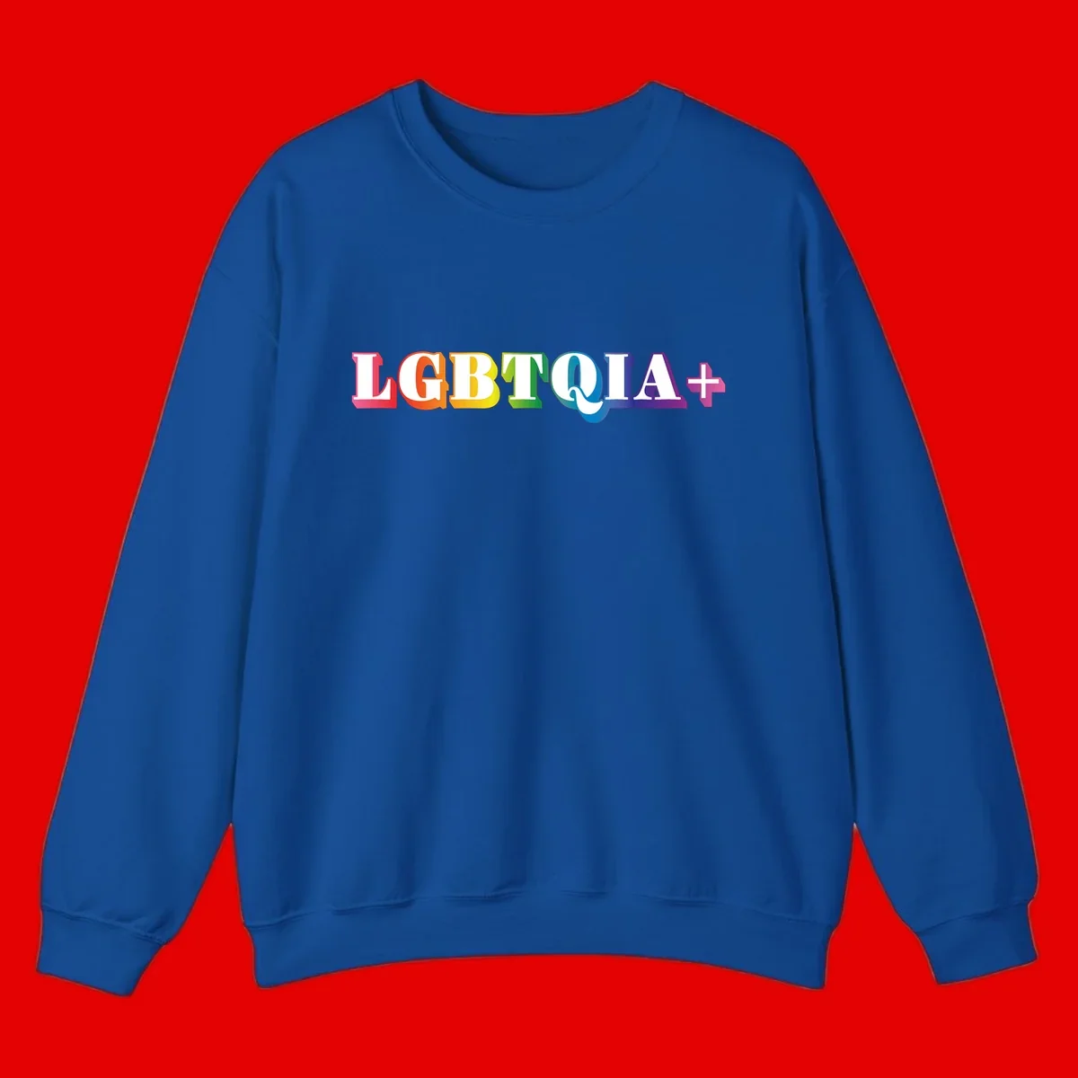 Colorful LGBTQIA+ text with each letter in rainbow colors (pink, red, orange, yellow, green, teal, blue, purple) on gray background