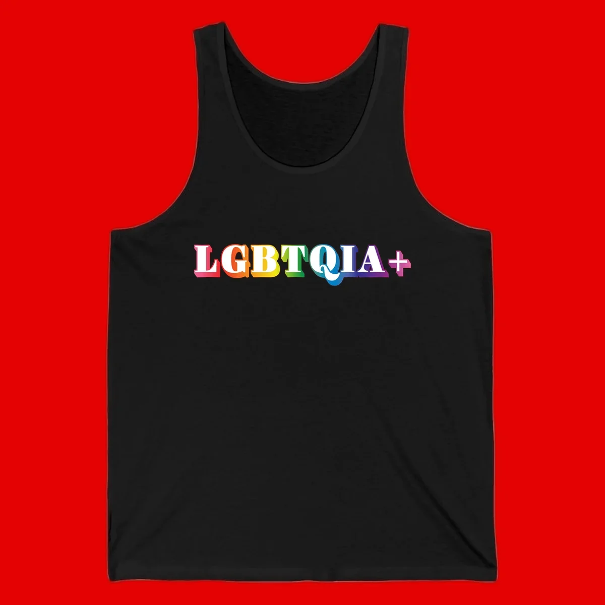 Colorful LGBTQIA+ text with each letter in rainbow colors (pink, red, orange, yellow, green, teal, blue, purple) on gray background