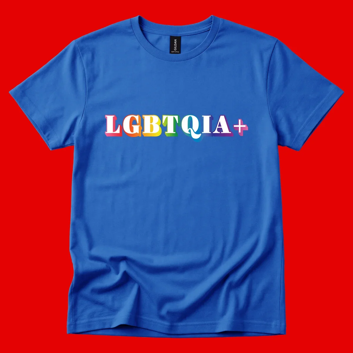 Colorful LGBTQIA+ text with each letter in rainbow colors (pink, red, orange, yellow, green, teal, blue, purple) on gray background