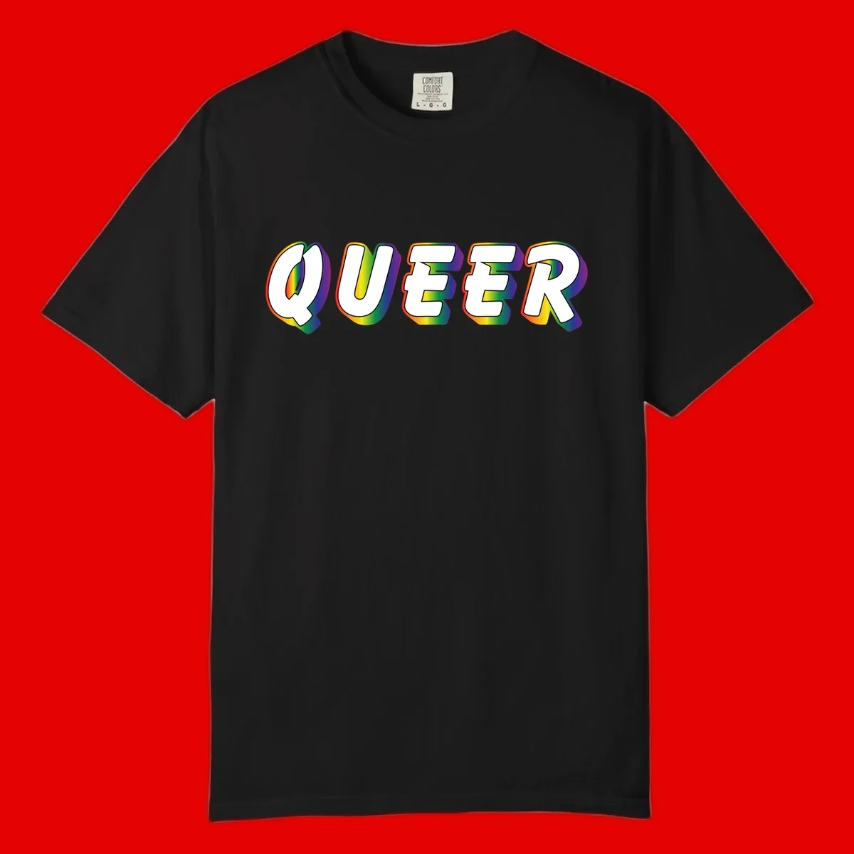 The word QUEER in large bold white letters with vibrant rainbow gradient fill and 3D orange outline effect on gray background