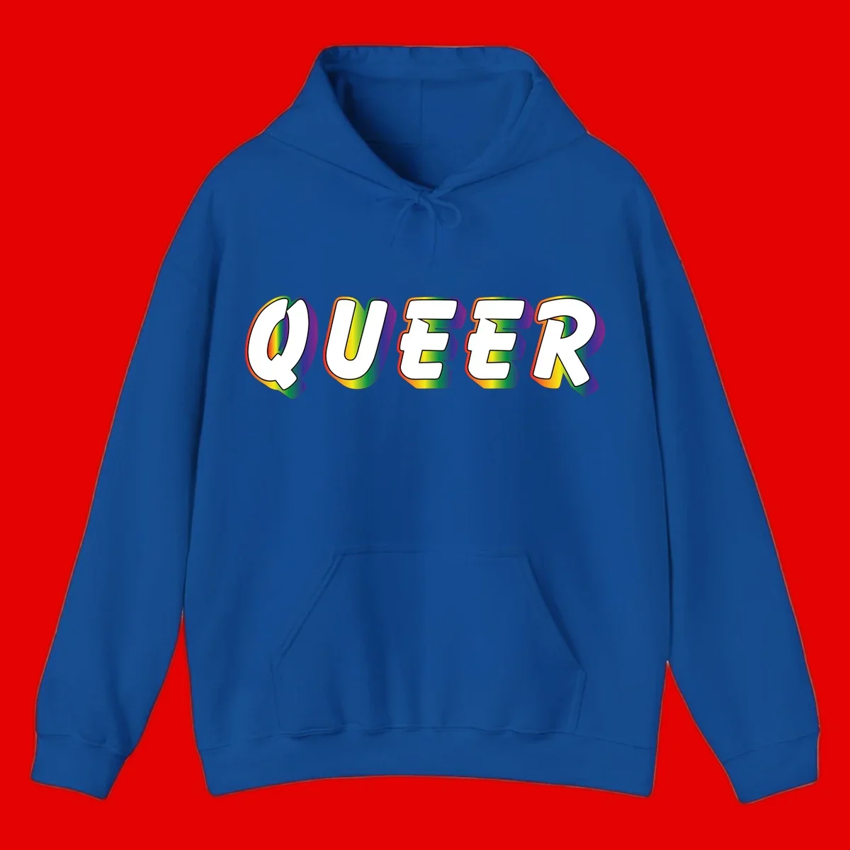 The word QUEER in large bold white letters with vibrant rainbow gradient fill and 3D orange outline effect on gray background