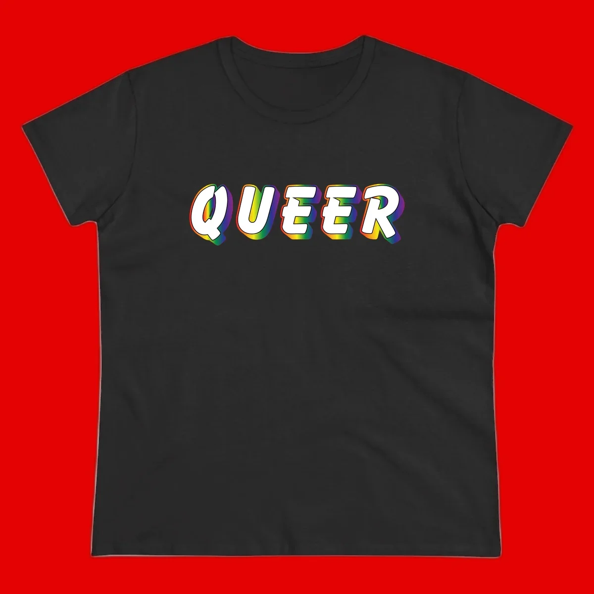 The word QUEER in large bold white letters with vibrant rainbow gradient fill and 3D orange outline effect on gray background