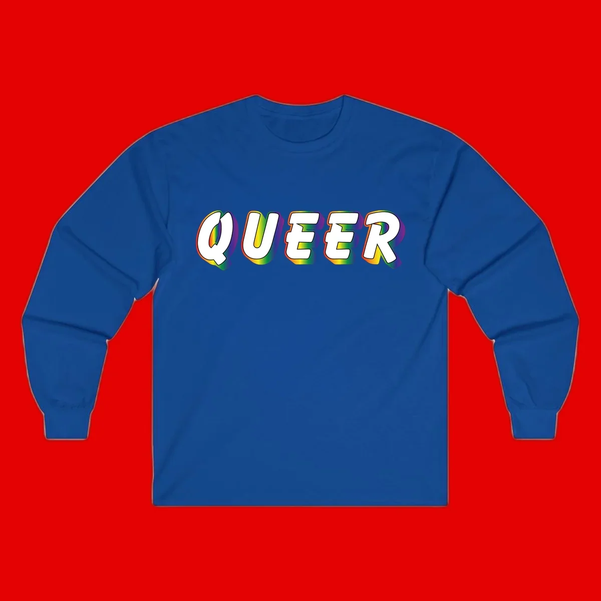 The word QUEER in large bold white letters with vibrant rainbow gradient fill and 3D orange outline effect on gray background