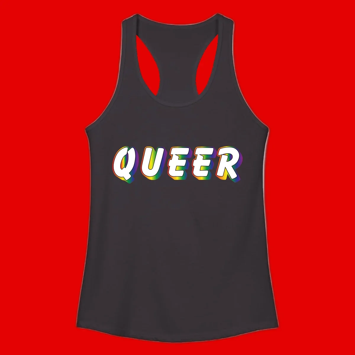 The word QUEER in large bold white letters with vibrant rainbow gradient fill and 3D orange outline effect on gray background
