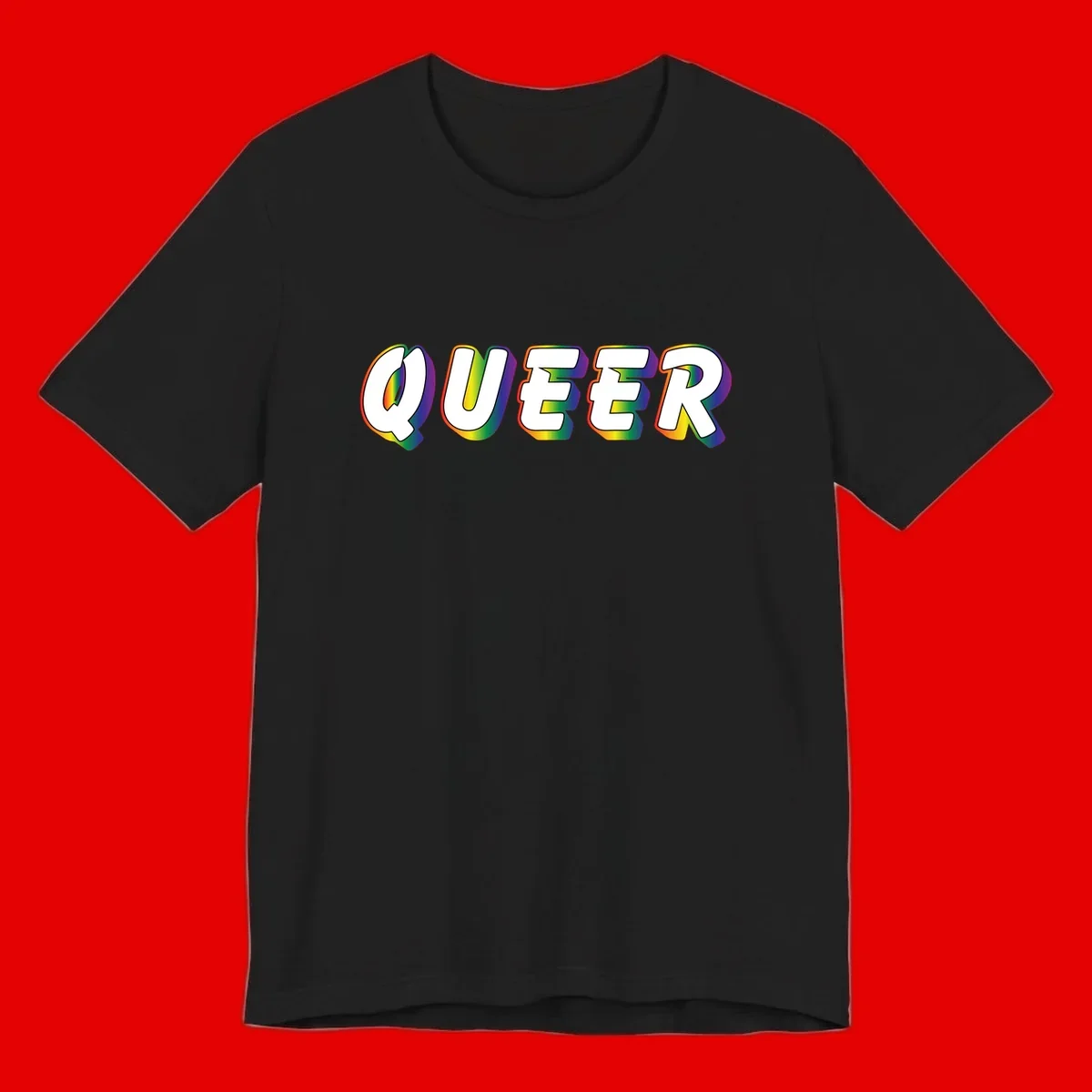 The word QUEER in large bold white letters with vibrant rainbow gradient fill and 3D orange outline effect on gray background