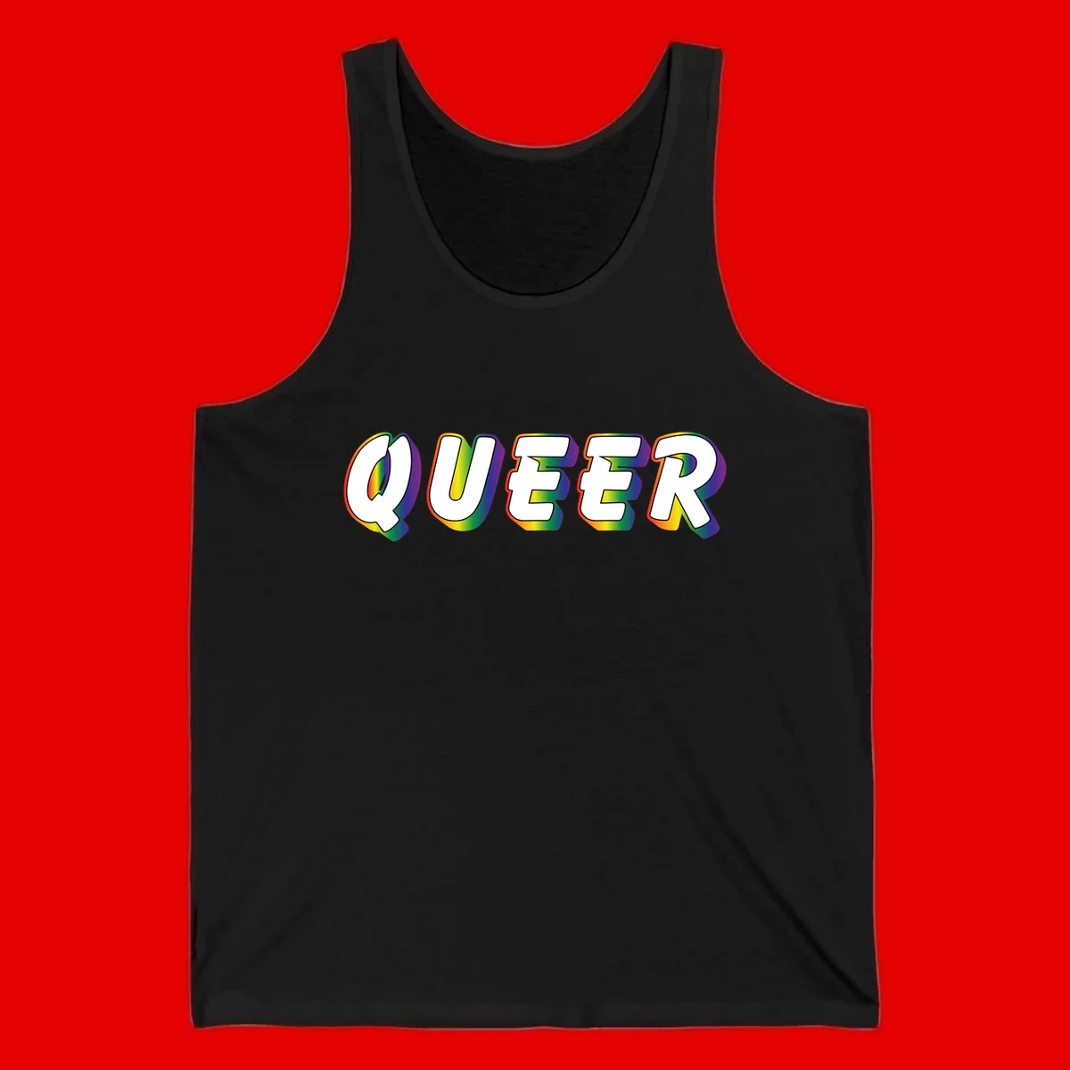 The word QUEER in large bold white letters with vibrant rainbow gradient fill and 3D orange outline effect on gray background