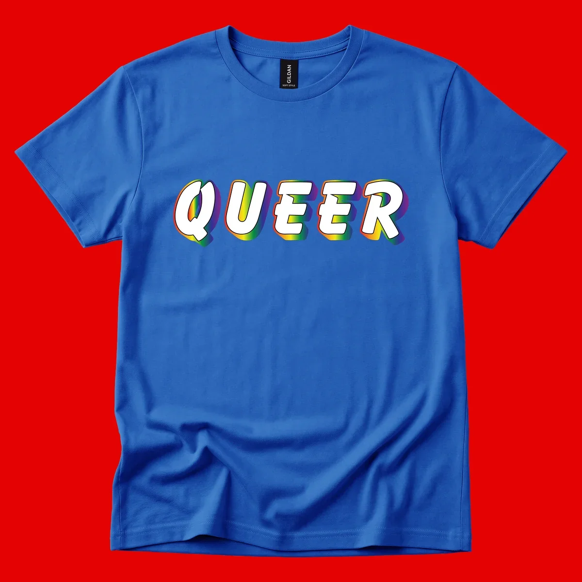 The word QUEER in large bold white letters with vibrant rainbow gradient fill and 3D orange outline effect on gray background