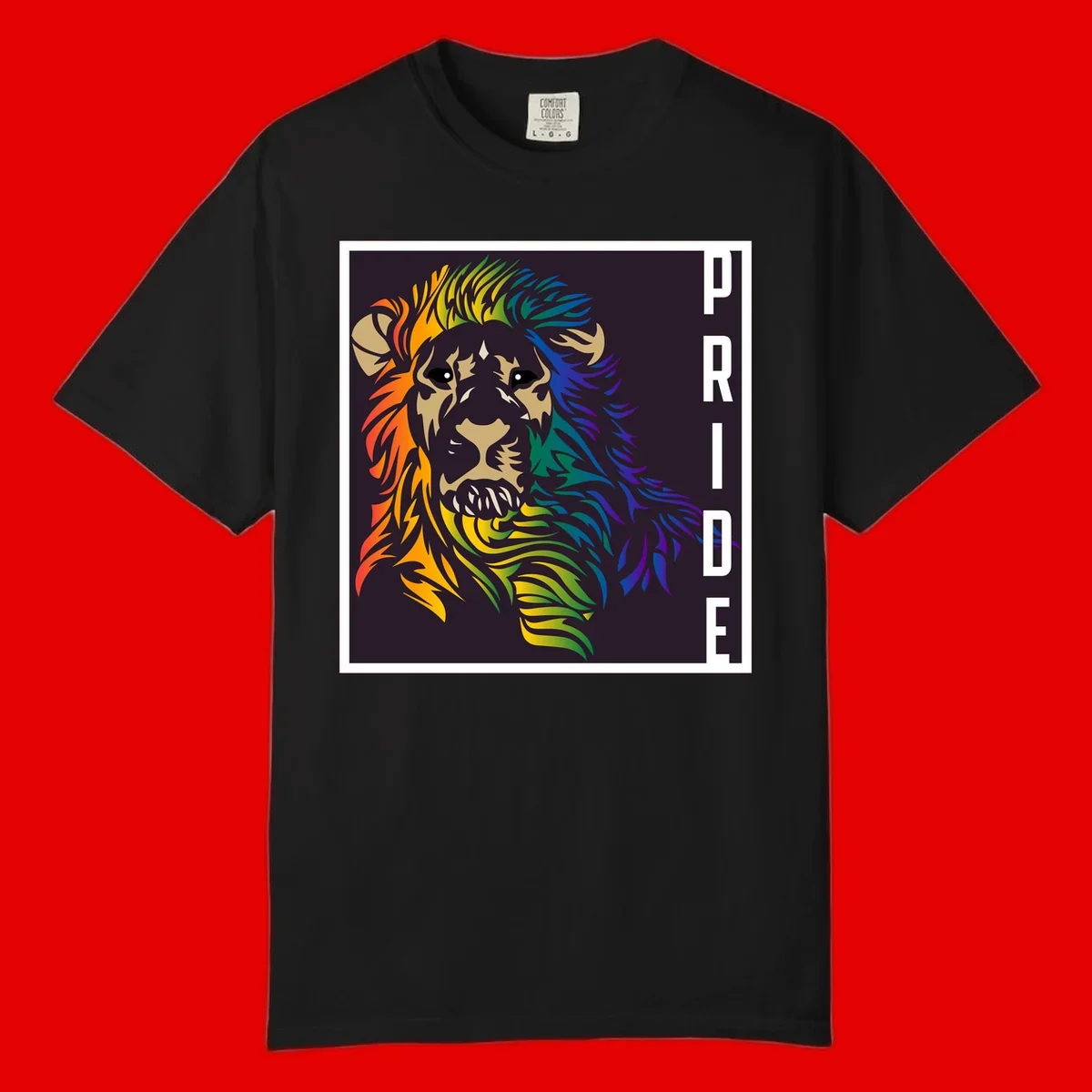 Rainbow pride lion with vibrant gradient mane in orange, yellow, green, blue and purple, with PRIDE text on dark background