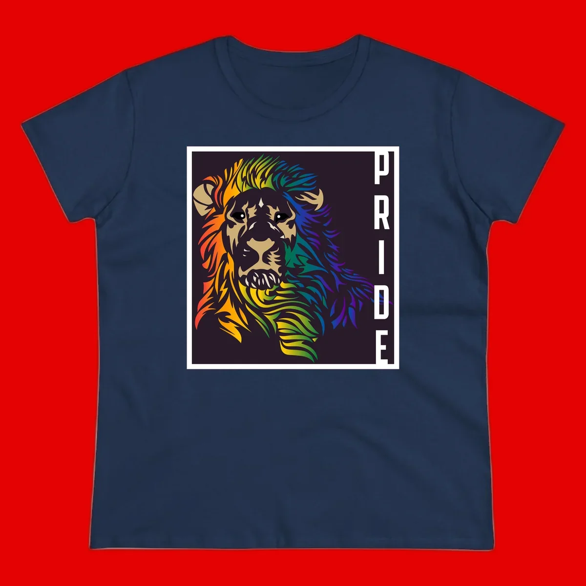 Rainbow pride lion with vibrant gradient mane in orange, yellow, green, blue and purple, with PRIDE text on dark background