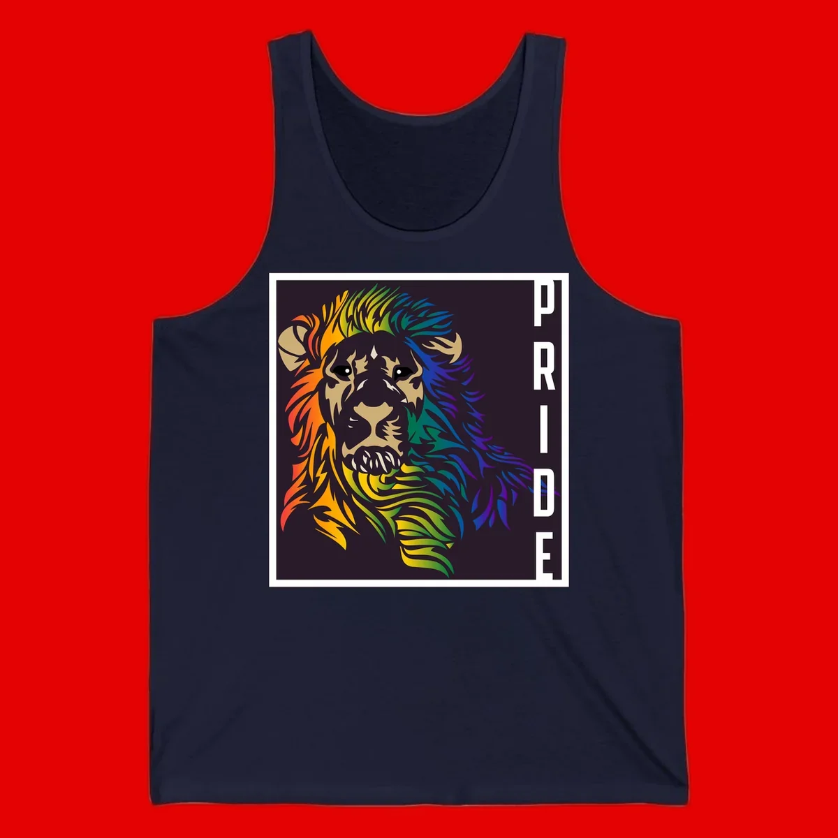 Rainbow pride lion with vibrant gradient mane in orange, yellow, green, blue and purple, with PRIDE text on dark background