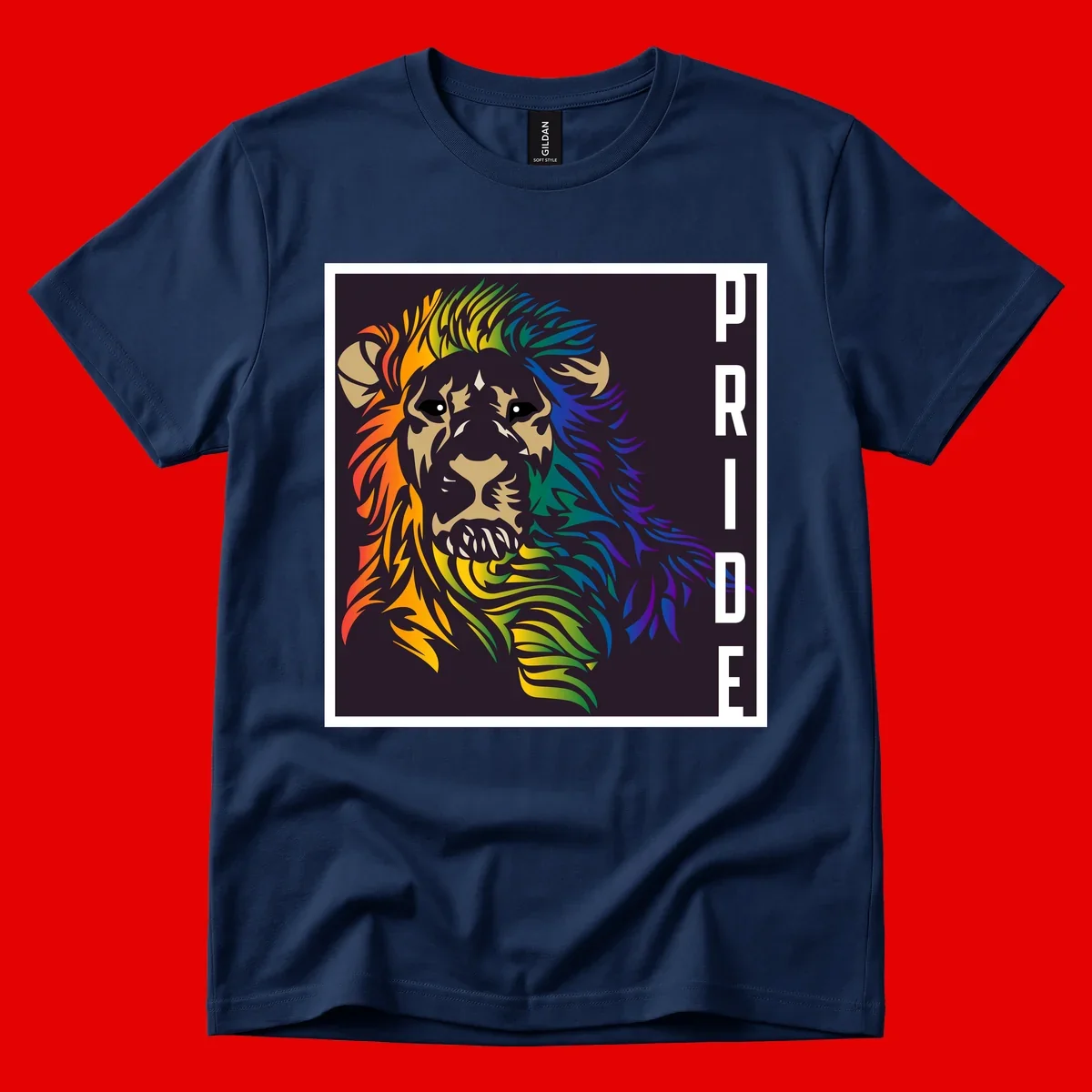 Rainbow pride lion with vibrant gradient mane in orange, yellow, green, blue and purple, with PRIDE text on dark background