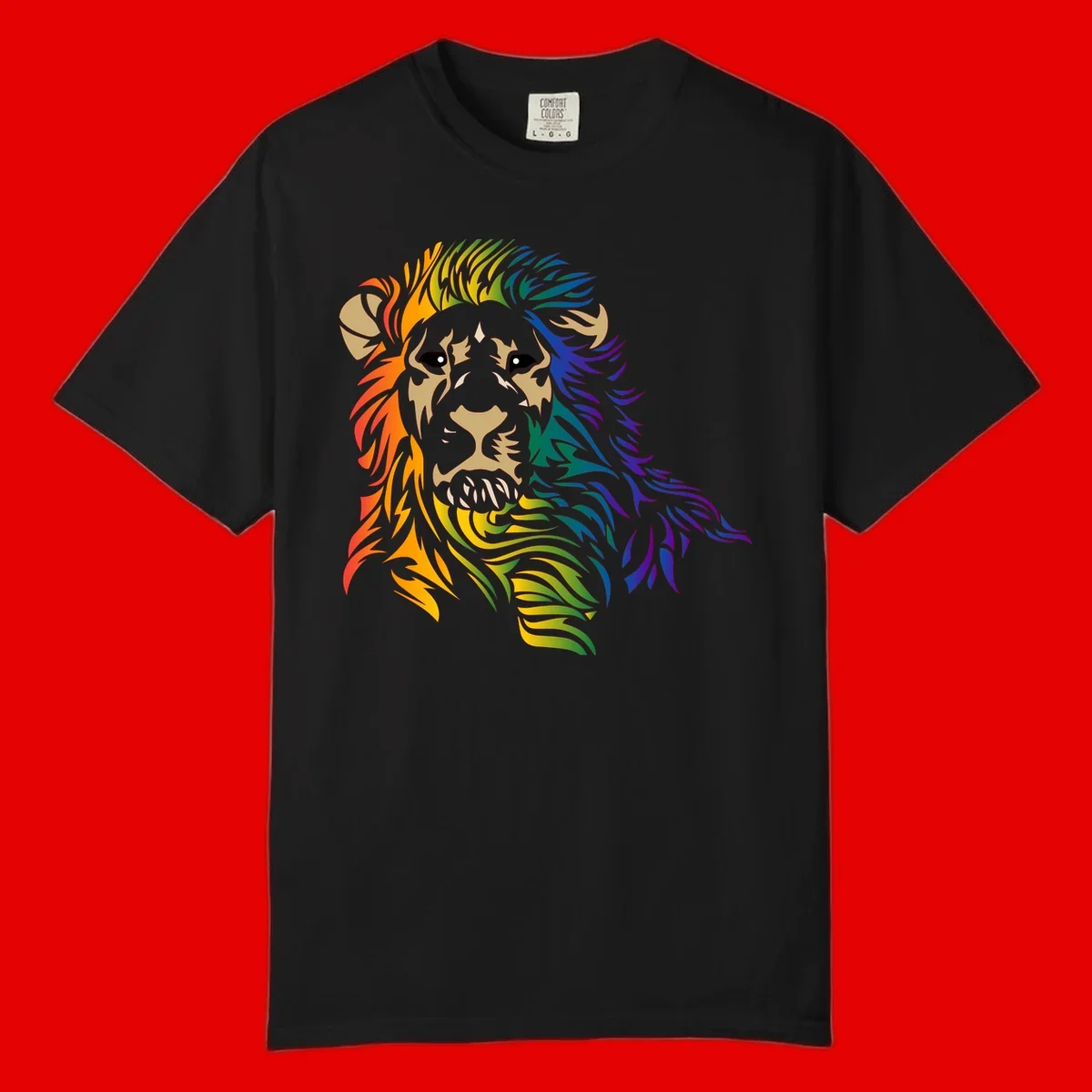 Rainbow lion head with gradient mane flowing from red through purple, featuring tan face with black eyes and detailed whiskers on gray background