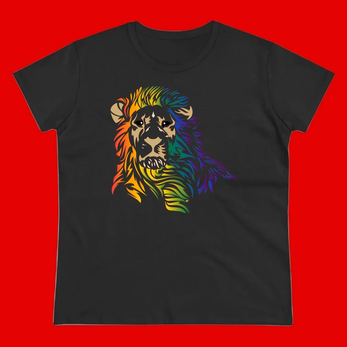Rainbow lion head with gradient mane flowing from red through purple, featuring tan face with black eyes and detailed whiskers on gray background