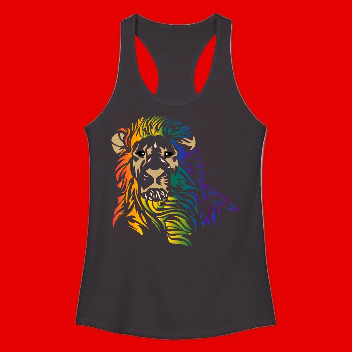 Rainbow lion head with gradient mane flowing from red through purple, featuring tan face with black eyes and detailed whiskers on gray background